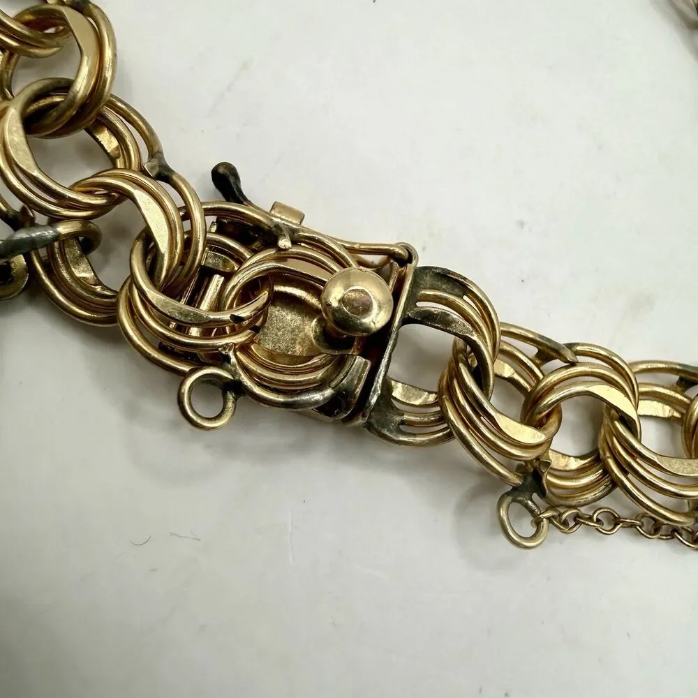 Vintage Estate 12k Gold Filled Double Link Charm Bracelet School 1950s 1960s 22g